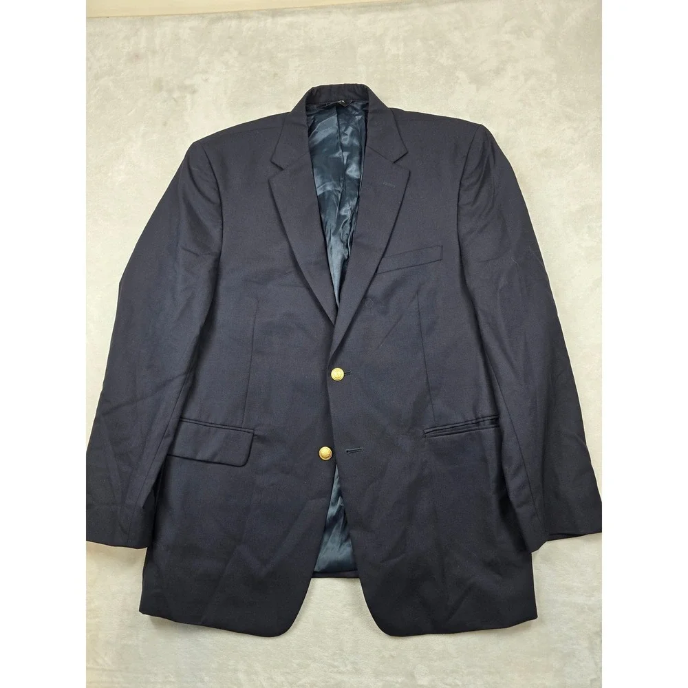 JoS A Bank Blazer Mens 44R Navy‎ Blue 100% Wool Gold Button Sport Coat Classic